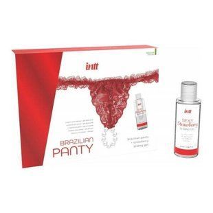 Набір Intt BRAZILIAN PANTY RED: трусики на зав&rsquo;язках S-XL з перлинним кільцем + полунична змазка