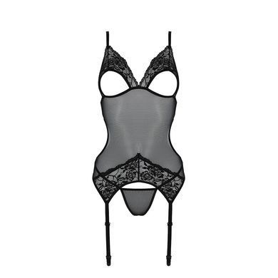 Корсет із підв&rsquo;язками та ажурним ліфом Passion CHRISTA CORSET L/XL, black, стрінги в комплекті