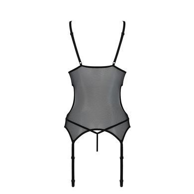 Корсет с подвязками и ажурным лифом Passion CHRISTA CORSET S/M, black, стринги в комплекте