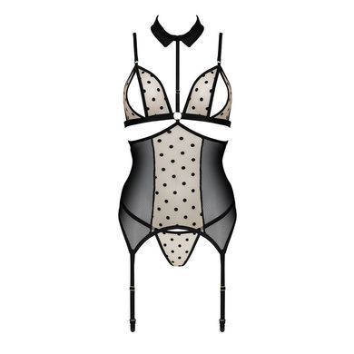 Корсет з відкритими грудьми Passion DOMINICA CORSET L/XL beige, пажі для панчіх, стрінги