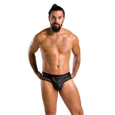 Мужские трусы с цепочкой Passion 030 SLIP TOM S/M Black, экокожа, открытые ягодицы