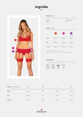 Комплект Obsessive Ingridia 3-pcs set XL/2XL, красный, бюстгальтер, стринги, пояс