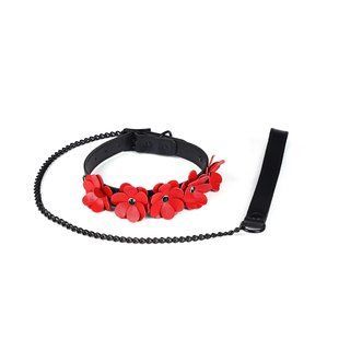 Ошейник с поводком Liebe Seele Flower Rhythm - Black and Red Leather Flowers collar with Leash