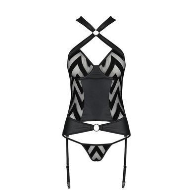 Сітчастий комплект з візерунком Passion HIMA CORSET L/XL black корсет з халтером, підв'язки, трусики