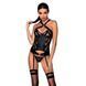 Сітчастий комплект з візерунком Passion HIMA CORSET L/XL black корсет з халтером, підв'язки, трусики