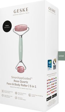 Ролер-масажер для обличчя та тіла з рожевим кварцом GESKE SmartAppGuided Rose Quartz Face & Body Roller 5in1 green