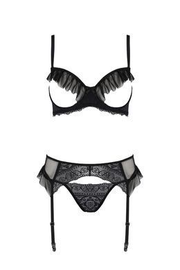 Комплект Passion KERRIA SET WITH OPEN BRA black, L/XL, бюстгальтер с открытой чашкой, стринги, пояс для чулок