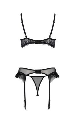 Комплект Passion KERRIA SET WITH OPEN BRA black, L/XL, бюстгальтер с открытой чашкой, стринги, пояс для чулок