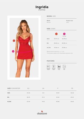 Пеньюар Obsessive Ingridia chemise & thong XS/S, красный, сорочка, стринги