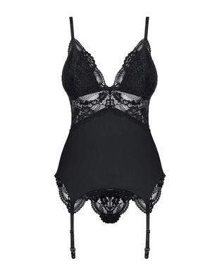 Сатиновый кружевной корсет Obsessive 810-COR-1 babydoll & thong S/M, черный, корсет, танга