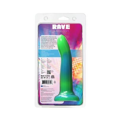 Светящийся в темноте фаллоимитатор ADDICTION Rave 8&Prime; Glow in the Dark Dildo Blue Green, 20,3 см