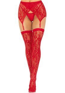 Комплект Leg Avenue Lace thigh highs & garterbelt, One Size, красный, чулки и пояс с пажами