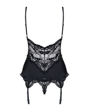 Сатиновий мереживний корсет Obsessive 810-COR-1 babydoll & thong L/XL, чорний, корсет, танга
