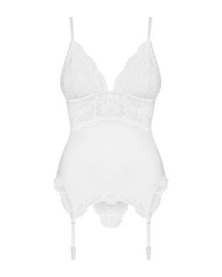 (SALE) Сатиновий мереживний корсет Obsessive 810-COR-2 babydoll & thong S/M, білий, корсет, танга