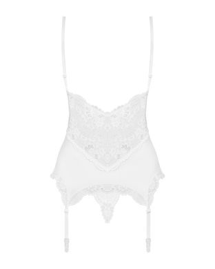 (SALE) Сатиновий мереживний корсет Obsessive 810-COR-2 babydoll & thong S/M, білий, корсет, танга
