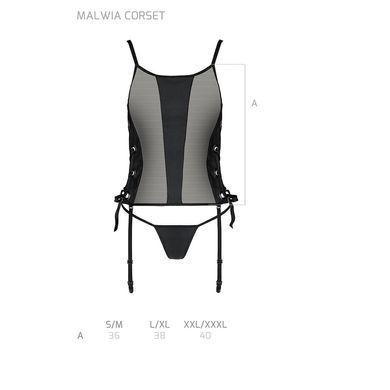 Сетчатый корсет с люверсами и съемными пажами Passion MALWIA CORSET S/M, black, эко-кожа, стринги