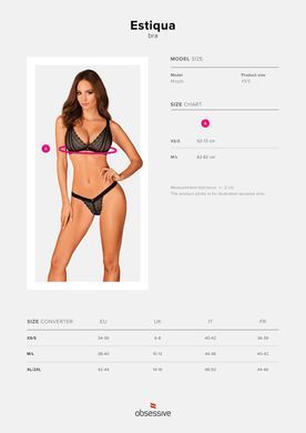 (SALE) Мереживний бюстгальтер із трикутною чашкою Obsessive Estiqua bra M/L, чорний, широкі лямки