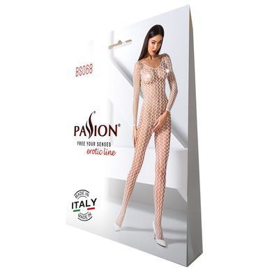 Бодістокінг Passion BS068 white, комбінезон, велика сітка, довгий рукав