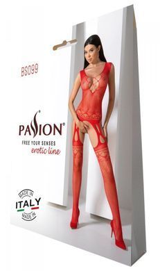 Бодістокінг з плетінням на грудях Passion BS099 One Size, red, відкритий доступ, імітація підв&rsquo;язок
