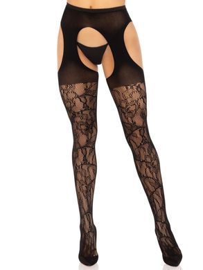 Стрип-колготки Leg Avenue Eyelet lace suspender hose, One Size, черные, ажурные, с открытым доступом