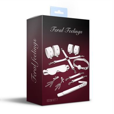 Набір Feral Feelings BDSM Kit 7 White, наручники, поножі, конектор, маска, падл, кляп, затискачі