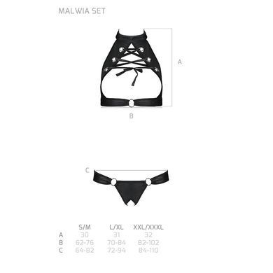 Комплект, открытый топ и трусики из эко-кожи с люверсами Passion MALWIA SET with Open Bra S/M, black