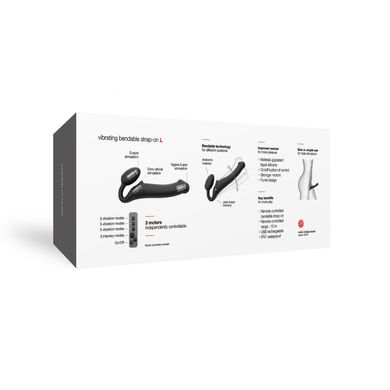 Безремневой страпон с вибрацией Strap-On-Me Vibrating Black L, диаметр 3,7см, пульт ДУ, регулируемый