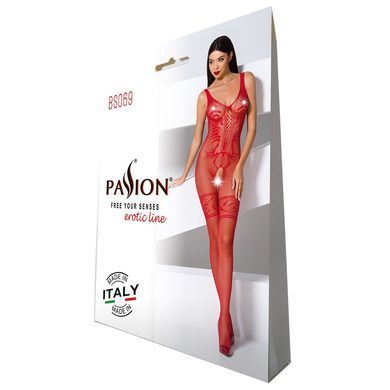 Бодистокинг Passion BS069 red, комбинезон, имитация чулок и боди
