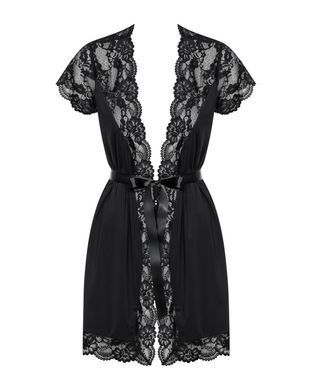 Сатиновий відкритий пеньюар на поясі Obsessive 810-PEI&ndash;1 peignoir black 2XL/3XL, чорний