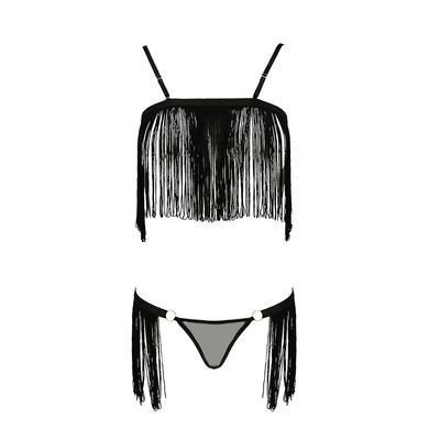 Комплект белья Passion Exclusive KASSANDRA SET OpenBra 2XL/3XL, black, лиф из бахромы, трусики-юбка