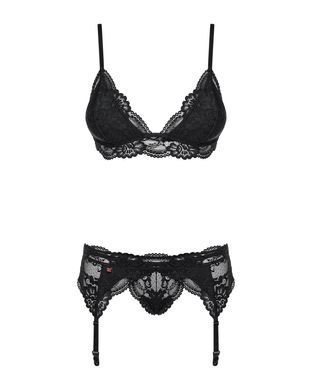 Мереживний комплект білизни Obsessive 810-SEG-1 L/XL Black, бюстгальтер, стрінги, пояс для панчіх