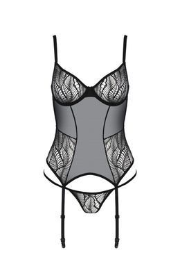 Корсет Passion LEAFA CORSET black S/M, мягкие чашки, зажимы для чулок, стринги в комплекте