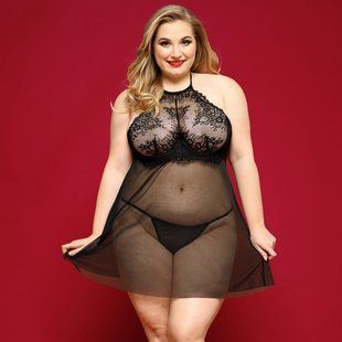 Сорочка беби-долл JSY &laquo;Страстная Лилит&raquo; Plus Size, Black, халтер, мелкая сетка, кружево, стринги
