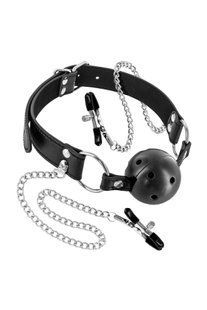 Воздухопроницаемый кляп с зажимами для сосков Fetish Tentation Rigid Gag Ball with Nipple Clamps