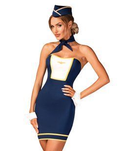 Эротический костюм стюардессы Obsessive Stewardess uniform XS/S, blue, платье, пилотка, шарф, манжеты