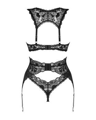 Комплект білизни Obsessive Donna Dream 3-pcs set M/L Black, бюстгальтер, стрінги, пояс для панчіх