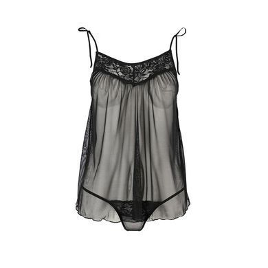 Сорочка прозрачная беби-долл Passion MELANIA CHEMISE XXL/XXXL, black, трусики, на тонких бретелях