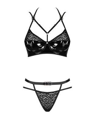 Еротичний комплект під латекс зі стрепами Obsessive Bagirela 2-pcs set S/M, чорний, під леопард, бюс