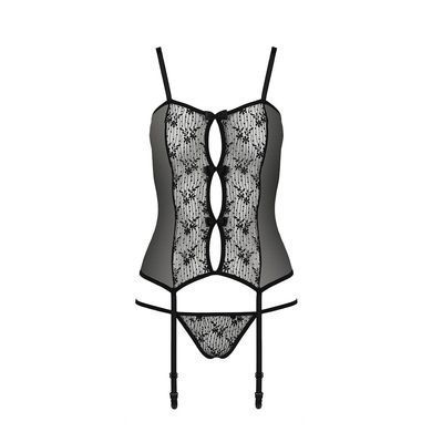 Корсет с пажами GRACIA CORSET black L/XL Passion, трусики, полупрозрачный