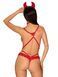 Эротический костюм чертика из стреп Obsessive Evilia teddy red S/M, боди, чокер, накладки на соски, обруч с рожками