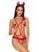 Эротический костюм чертика из стреп Obsessive Evilia teddy red S/M, боди, чокер, накладки на соски, обруч с рожками