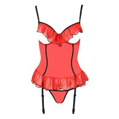 Корсет с открытой грудью CHERRY CORSET red S/M - Passion Exclusive, трусики, пажи, стрэпы, оборочки