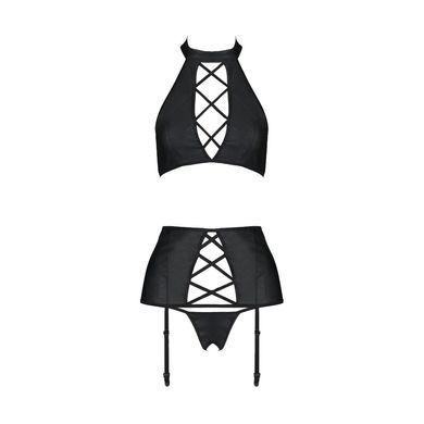 Комплект из экокожи Passion NANCY SET 4XL/5XL black, имитация шнуровки, топ, пояс для чулок