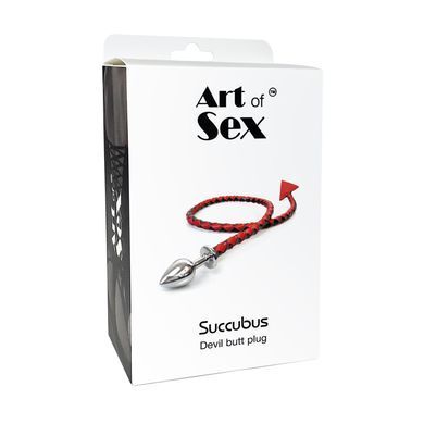 Металлическая анальная пробка M с дьявольским хвостом Art of Sex - Succubus, экокожа, черный/красный