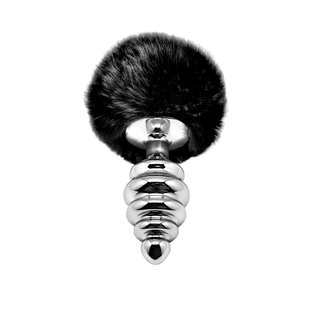 Металлическая анальная пробка Кроличий хвостик Alive Fluffly Twist Plug L Black