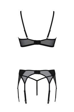 Комплект Passion LEAFA SET black, XXL/XXXL, кружево+сетка, бюстгальтер на косточках, стринги, пояс для чулок