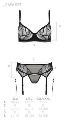 Комплект Passion LEAFA SET black, XXL/XXXL, кружево+сетка, бюстгальтер на косточках, стринги, пояс для чулок