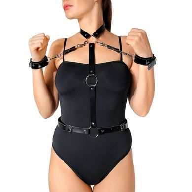Кожаная женская портупея с наручниками Art of Sex - Ursula черная XS-2XL