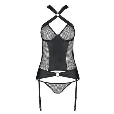 Сетчатый комплект корсет с халтером, съемные подвязки и трусики Passion AMANDA CORSET S/M, black