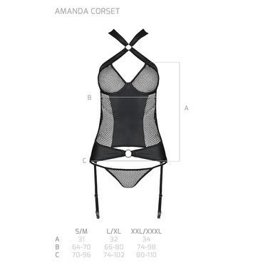 Сетчатый комплект корсет с халтером, съемные подвязки и трусики Passion AMANDA CORSET S/M, black